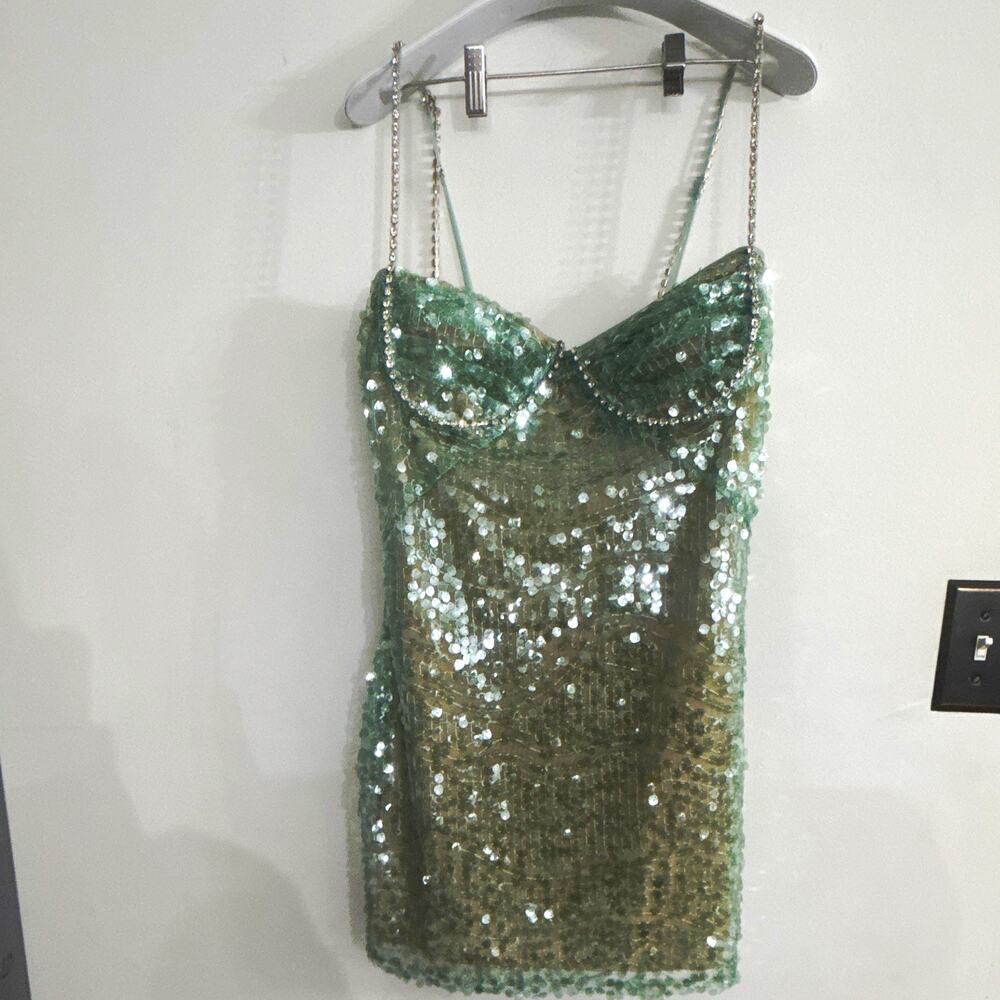 Y2K Fashion Nova Mint Sequin Rhinestone Mini Dress Sweetheart Zip Straps Size L